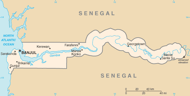 A map of the Gambia, a narrow ribbon of a country following its river inland from the Atlantic, almost entirely enclosed by Senegal, the smallest nation on mainland Africa.