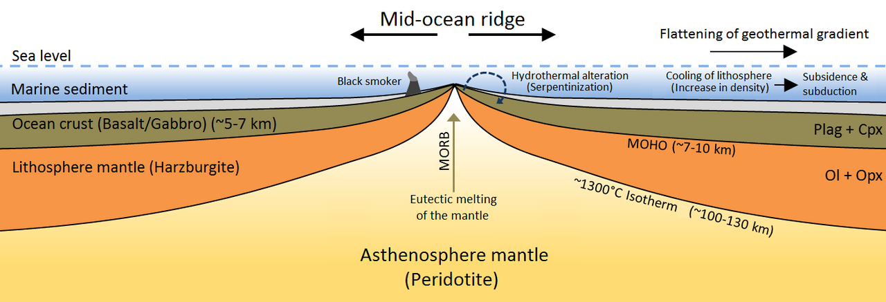 A mid-ocean ridge. New crust forms at the ridge, cools through the Curie temperature, records the field direction, and spreads outward in both directions.