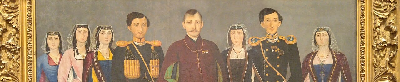 A nineteenth-century painting of a Georgian family in traditional dress. The men wear the chokha, the long belted coat with cartridge holders across the chest that remains an emblem of Georgian national costume.
