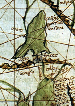 Georgia named and drawn on a European mappa mundi of 1320. By the late medieval period the Georgian kingdom was known to the distant cartographers of Europe, a mark of its reach during and after the golden age.