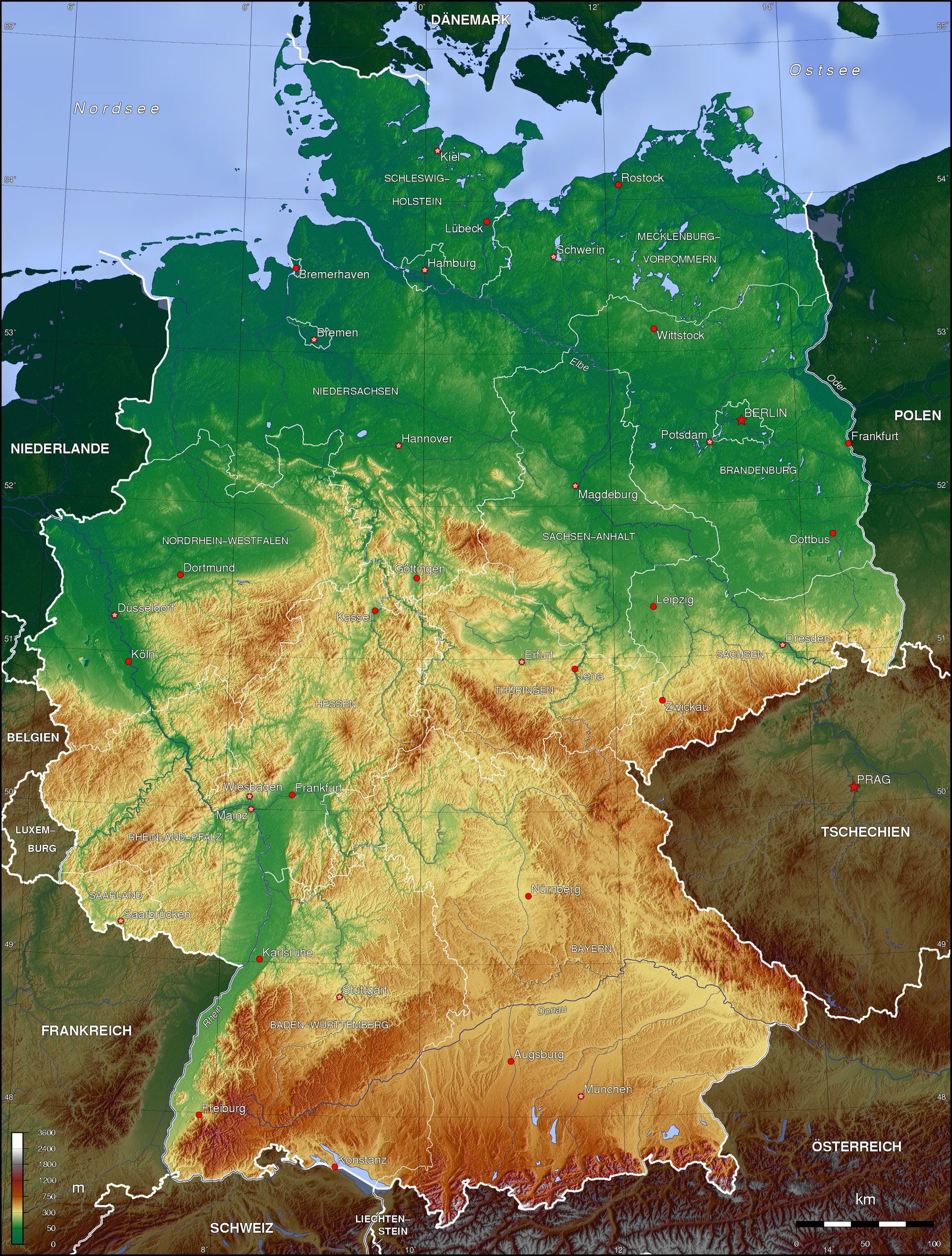 A physical map of Germany. The land rises from the flat northern plains along the Baltic and North Seas, through central uplands and great rivers, to the Bavarian Alps in the far south.