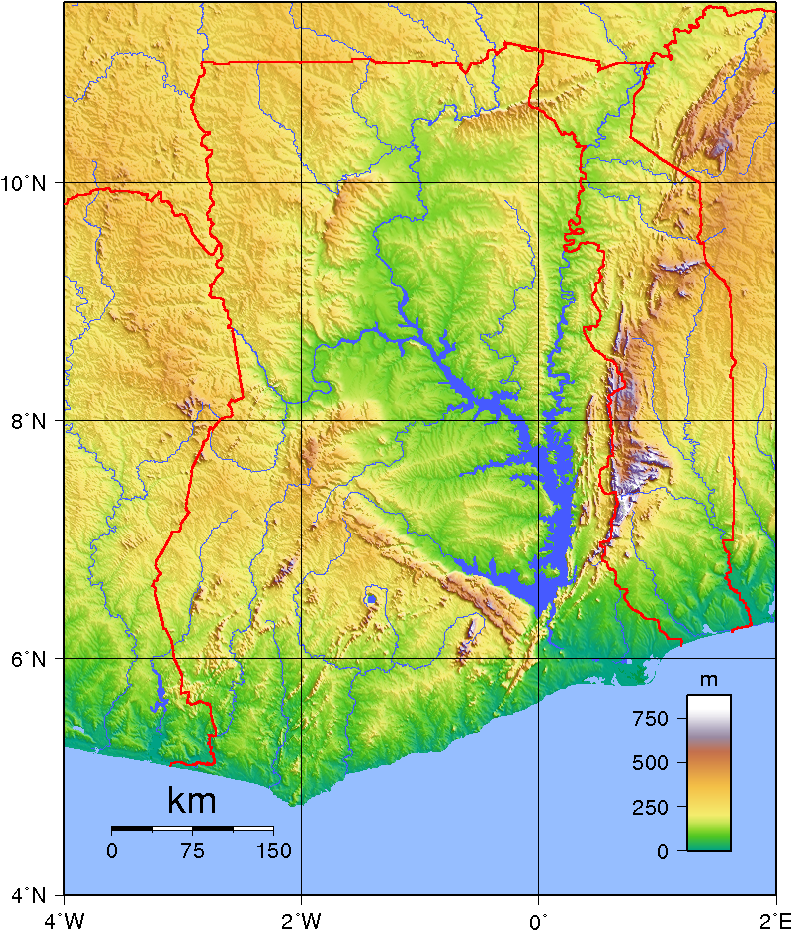 A topographic map of Ghana. The country is generally low-lying, rising from a lagoon-fringed Atlantic coast through the forest belt to the northern savanna, with the vast Lake Volta filling much of the east.