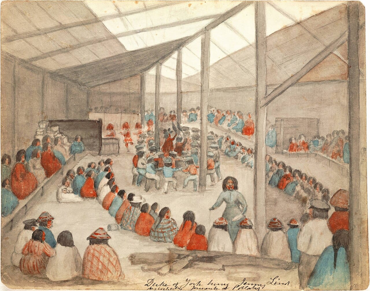 A Pacific Northwest gathering of the kind at which potlatch ceremonies were held. Status was established by giving away or destroying wealth rather than by accumulating it.