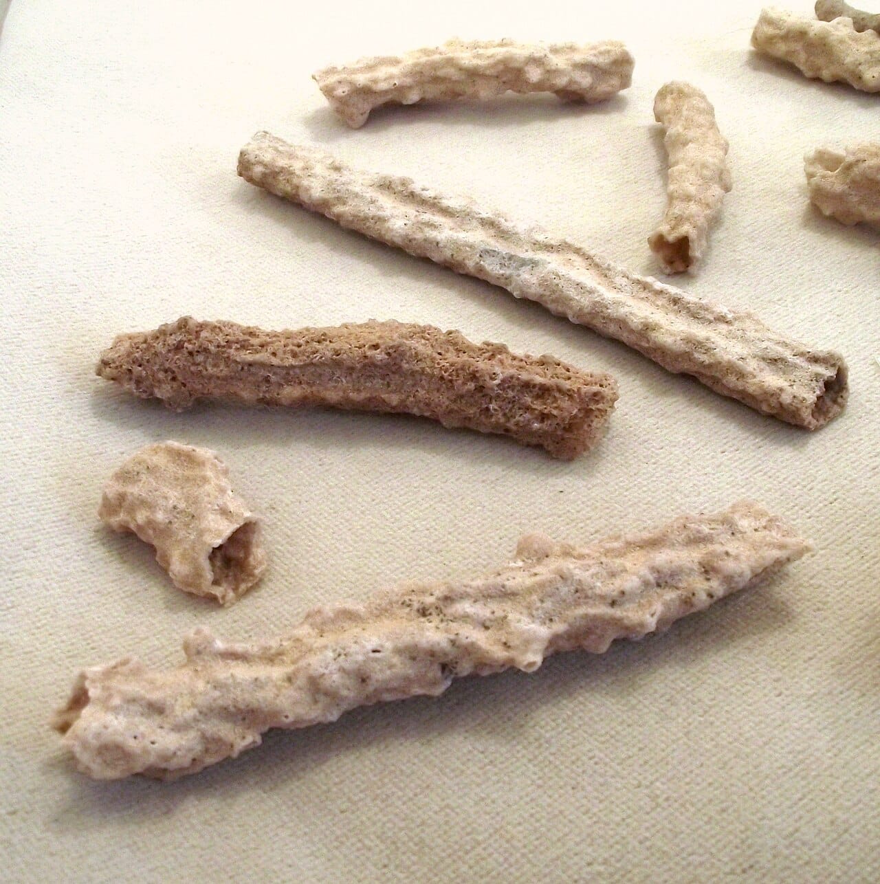 Fulgurites, formed where lightning fuses sand. The heat of the strike melts a channel that solidifies as glass around the path of the discharge.