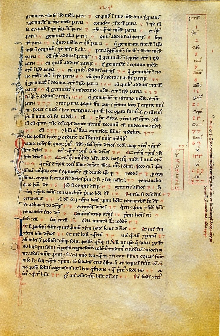 A page from Fibonacci's Liber Abaci of 1202, which introduced the sequence to Europe. The ratio between consecutive terms approaches the golden ratio, which is a genuine mathematical fact.
