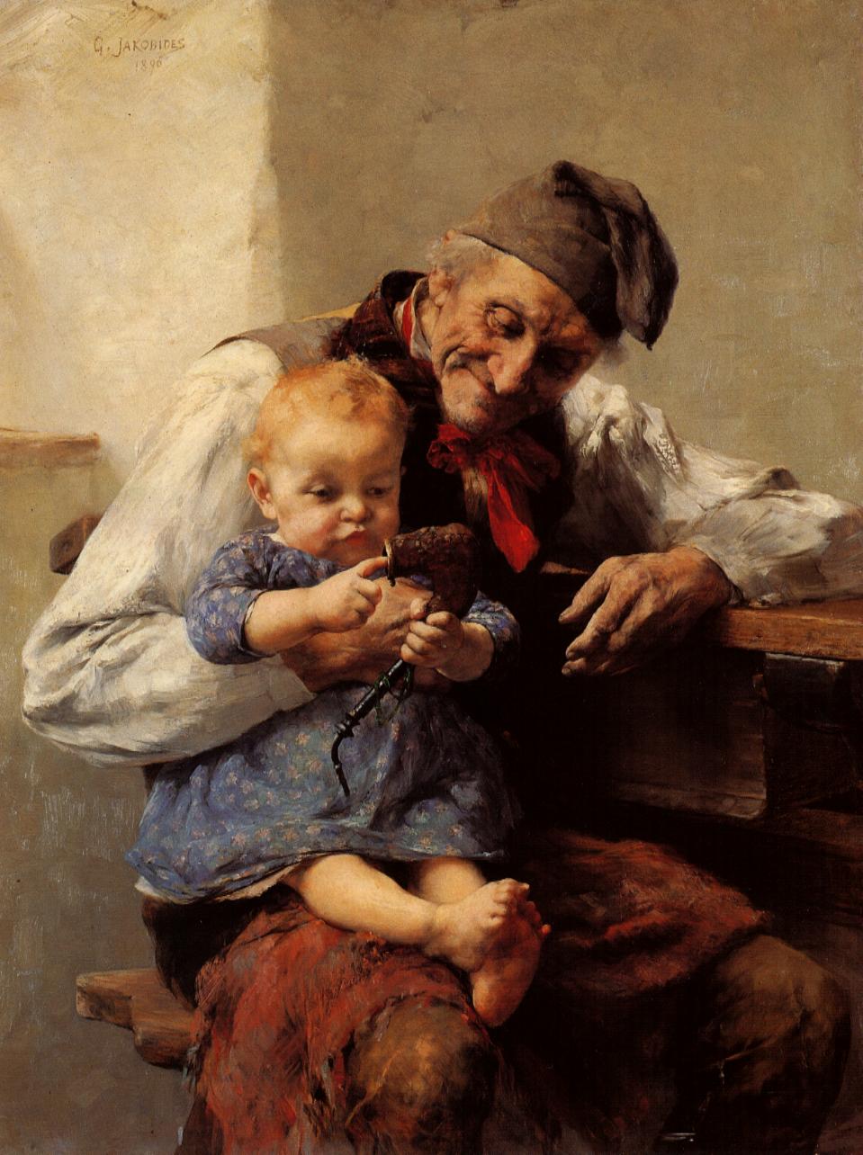 A grandmother with a grandchild, painted in the nineteenth century. The historical demographic records that provide the strongest tests of the hypothesis come from parish registers of roughly this period.