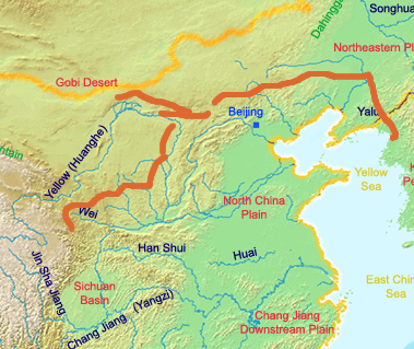 The approximate line of the Qin dynasty wall, stretching from Lintao to Liaodong. Credit: Ksyrie (CC BY-SA 3.0).