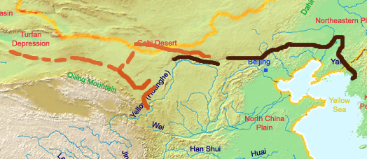 The Han dynasty wall, the longest of all the lines, extended deep into the western deserts. Credit: Ksyrie (CC BY-SA 3.0).