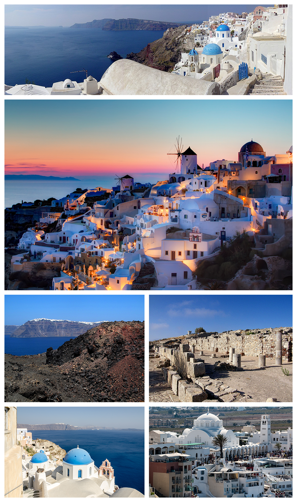 The white-and-blue village of Santorini above its volcanic caldera, the most famous of the Greek islands.