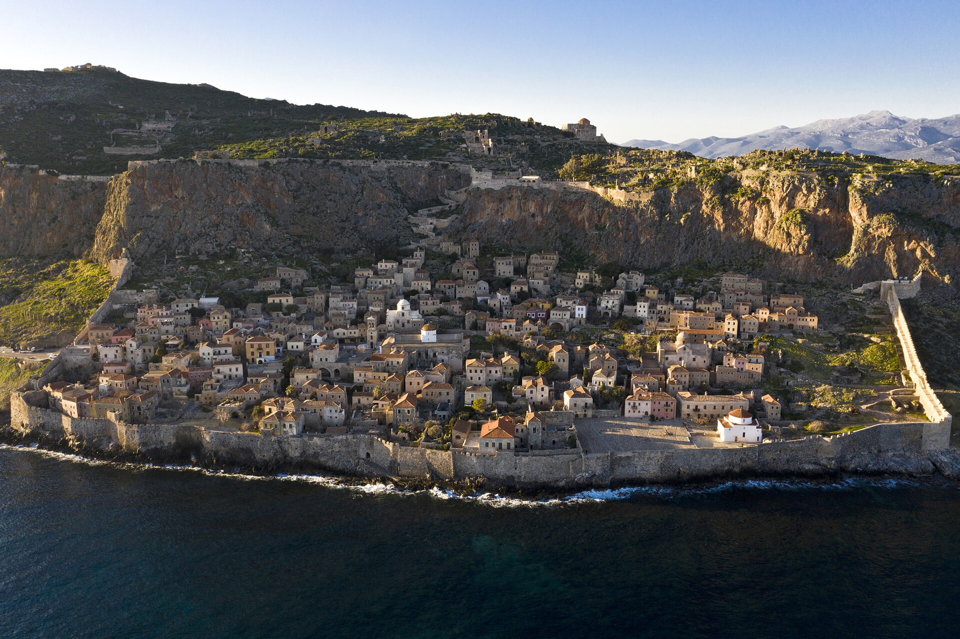 The medieval fortress town of Monemvasia, from the Byzantine centuries between Rome and Ottoman rule.