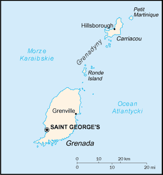 A map of Grenada. The volcanic main island rises to 840 metres, and the state also includes Carriacou and Petite Martinique in the Grenadines to the north.