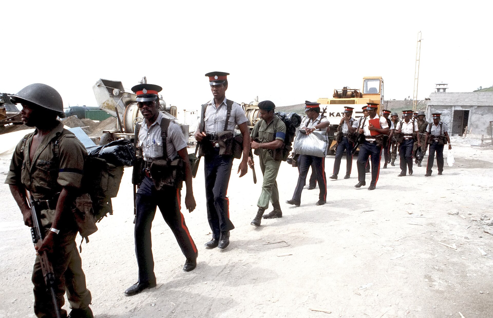 Troops of the Caribbean Peace Force. Six eastern Caribbean states contributed contingents alongside the United States following a request from the Organisation of Eastern Caribbean States and the governor-general.