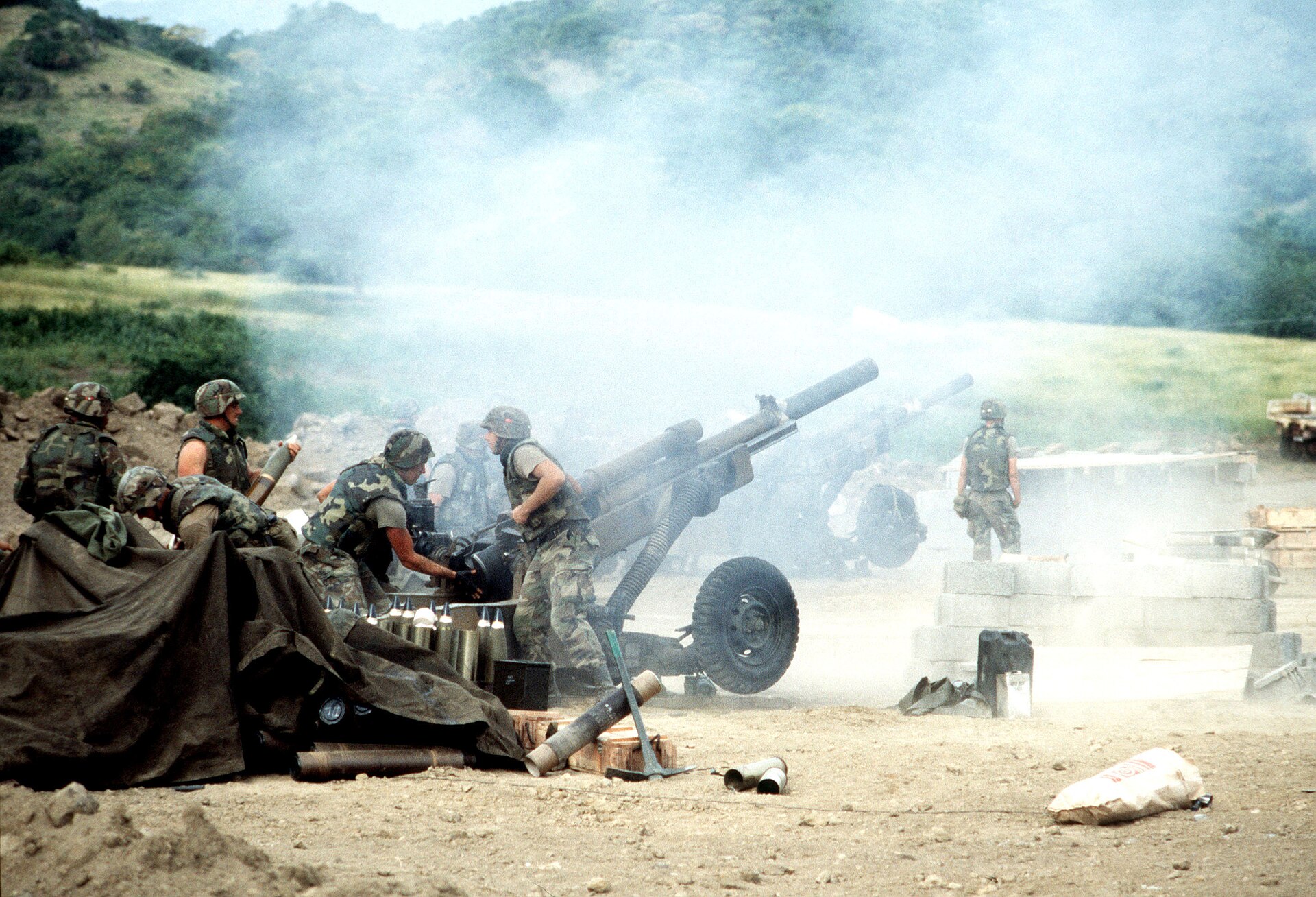 American artillery during Operation Urgent Fury, October 1983. The United Nations General Assembly voted to deplore the intervention as a violation of international law; many Grenadians welcomed it, and the date is marked on the island as Thanksgiving Day.