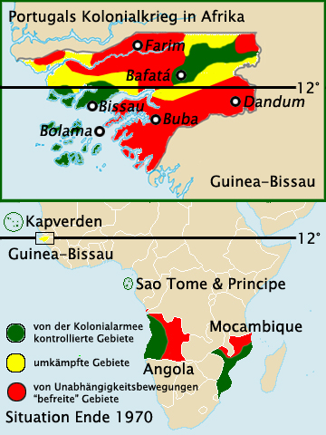 A map of the war, showing Portuguese-held, contested, and rebel-controlled areas. By the early 1970s the PAIGC governed much of the countryside, a rare case of a liberation movement effectively winning on the ground before formal independence.