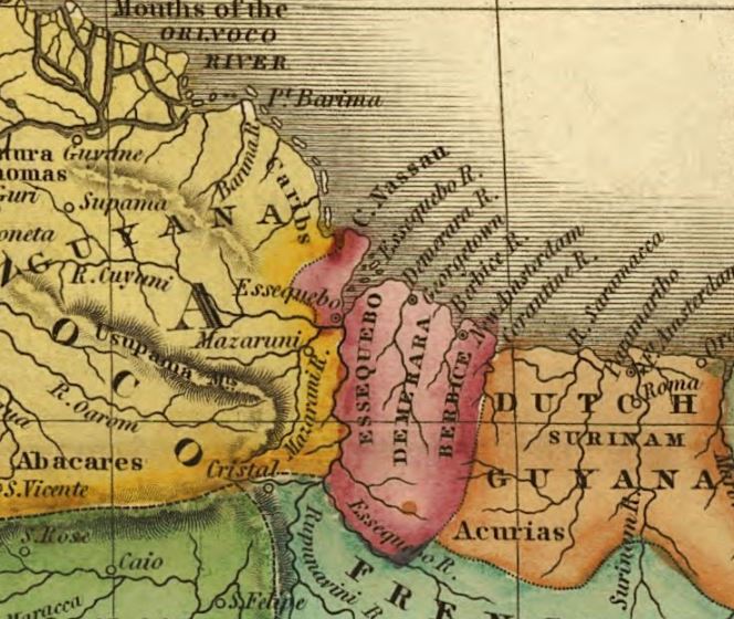 An early map of Dutch and British Guiana. The Dutch first built the coastal plantation colonies, reclaiming land from the sea, before the territory passed to Britain as British Guiana in the nineteenth century.