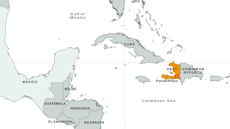 Haiti and its neighbours on Hispaniola. The country's name is the Taino word for land of high mountains, and its two peninsulas enclose the Gulf of Gonave.