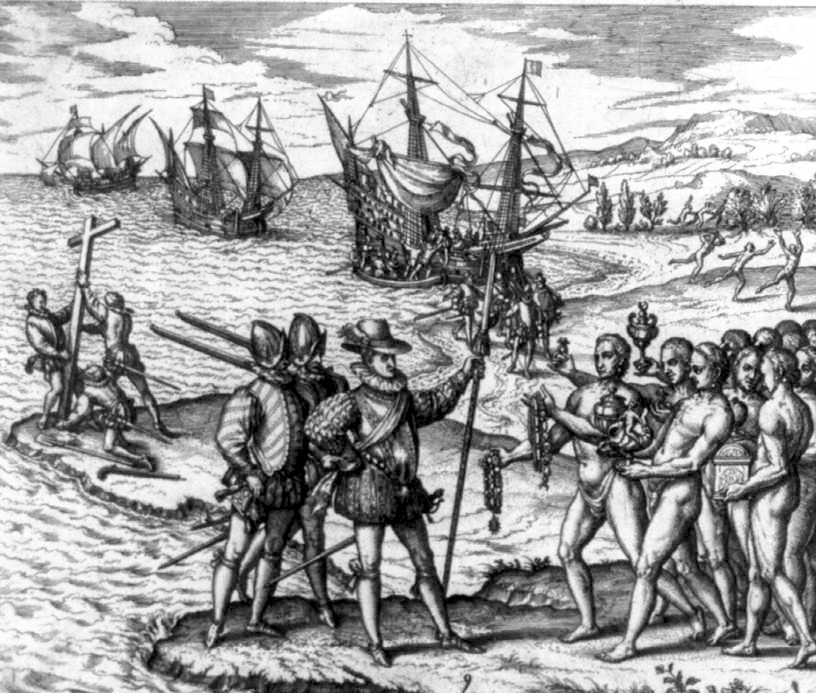 A European depiction of Columbus landing on Hispaniola. The first Spanish settlement in the Americas was founded here in 1492, and the western third of the island passed to France in 1697.