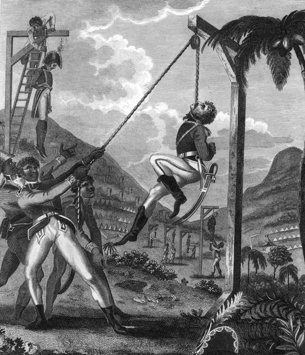 A contemporary engraving of reprisals during the war. The conflict was fought with great brutality on all sides, and the massacre of the remaining French population in 1804 was used for decades afterwards to justify Haiti's diplomatic isolation.