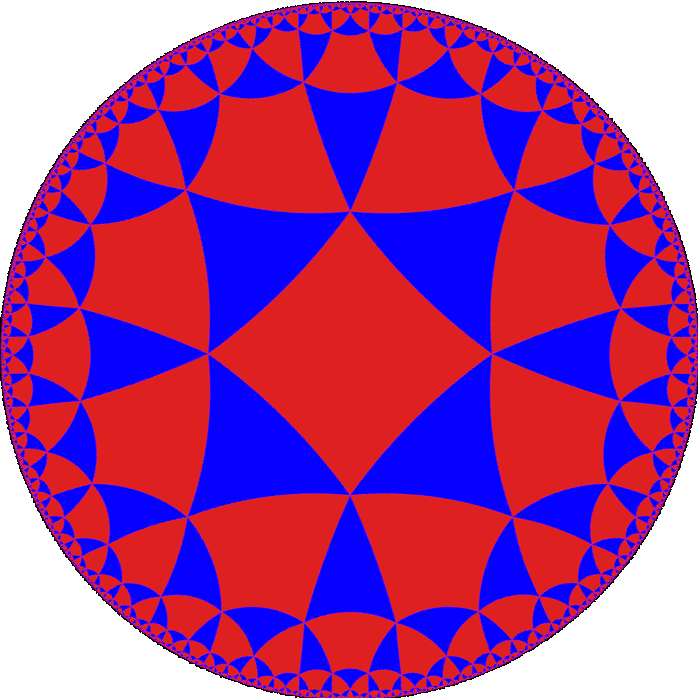 A hyperbolic tiling. Anti-de Sitter space, in which the correspondence is established, has a boundary at infinity that our accelerating universe does not.