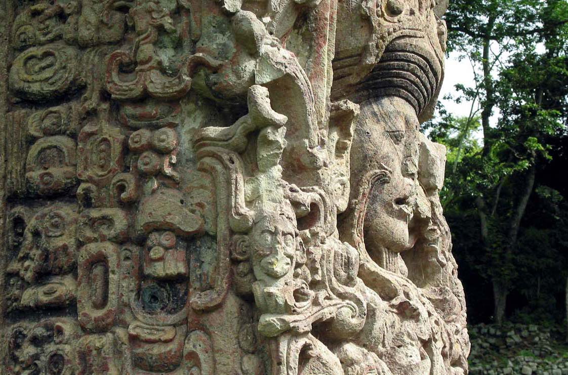 A carved stela at Copan, the great Maya city in western Honduras. Renowned for the finest sculpture and hieroglyphic carving of the Maya world, Copan flourished for centuries before its mysterious decline.