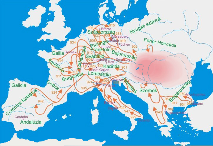 A map of the Hungarian raids across Europe in the ninth and tenth centuries. The Magyars arrived as fearsome mounted raiders from the eastern steppes before settling and founding a Christian kingdom around the year 1000.