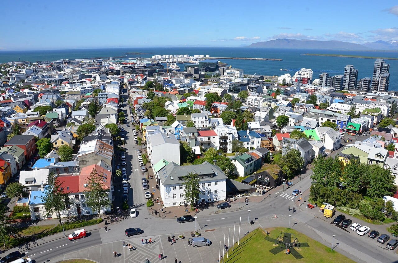 Reykjavik, the capital of Iceland and the northernmost capital of any sovereign state, seen from the tower of its landmark church. The great majority of Icelanders live in and around this small, colourful city on the southwestern coast.
