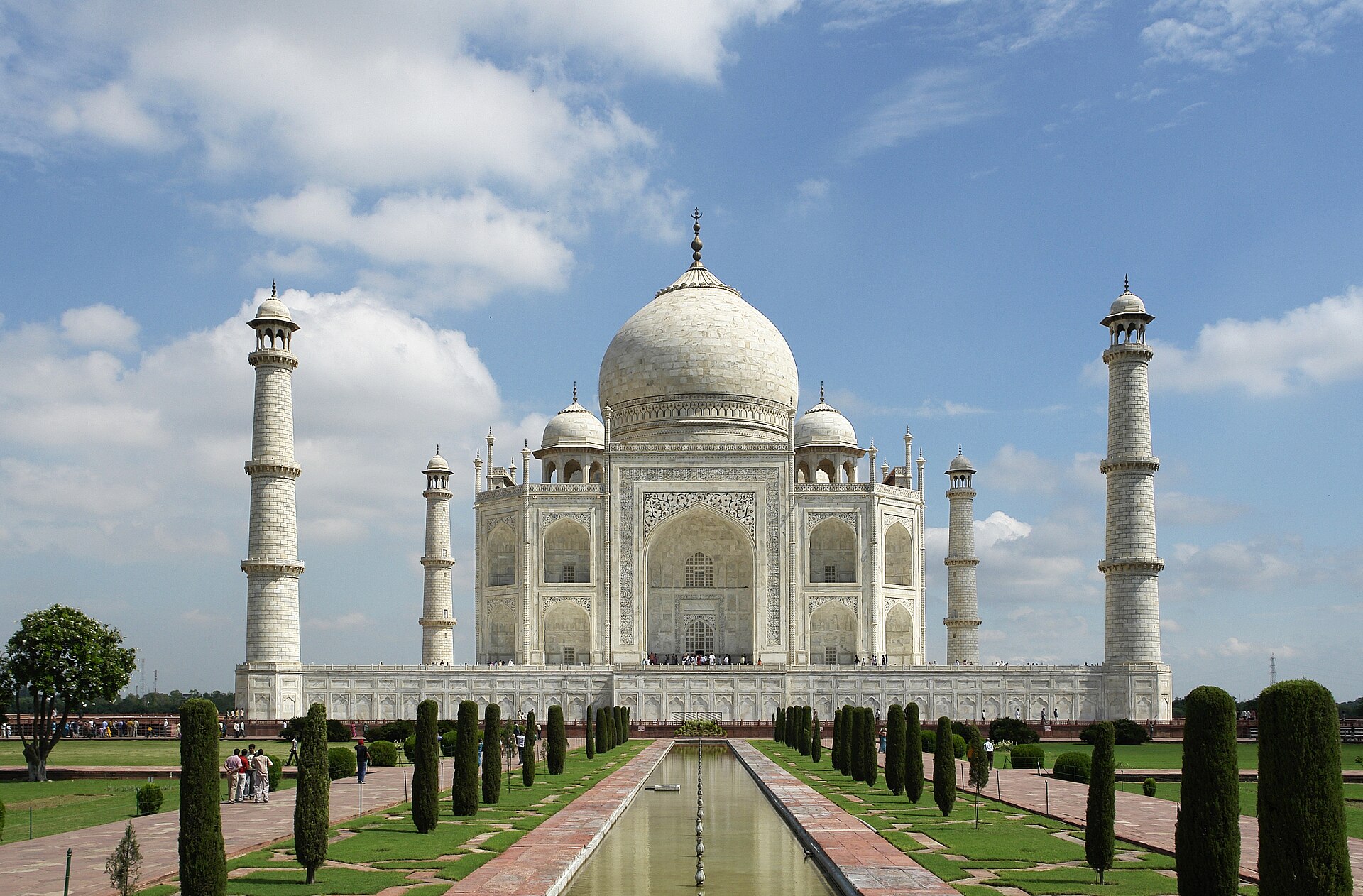 The Taj Mahal at Agra, completed around 1653. The Mughal emperor Shah Jahan raised this white marble mausoleum for his wife Mumtaz Mahal; it is the most famous monument in India and a wonder of world architecture.