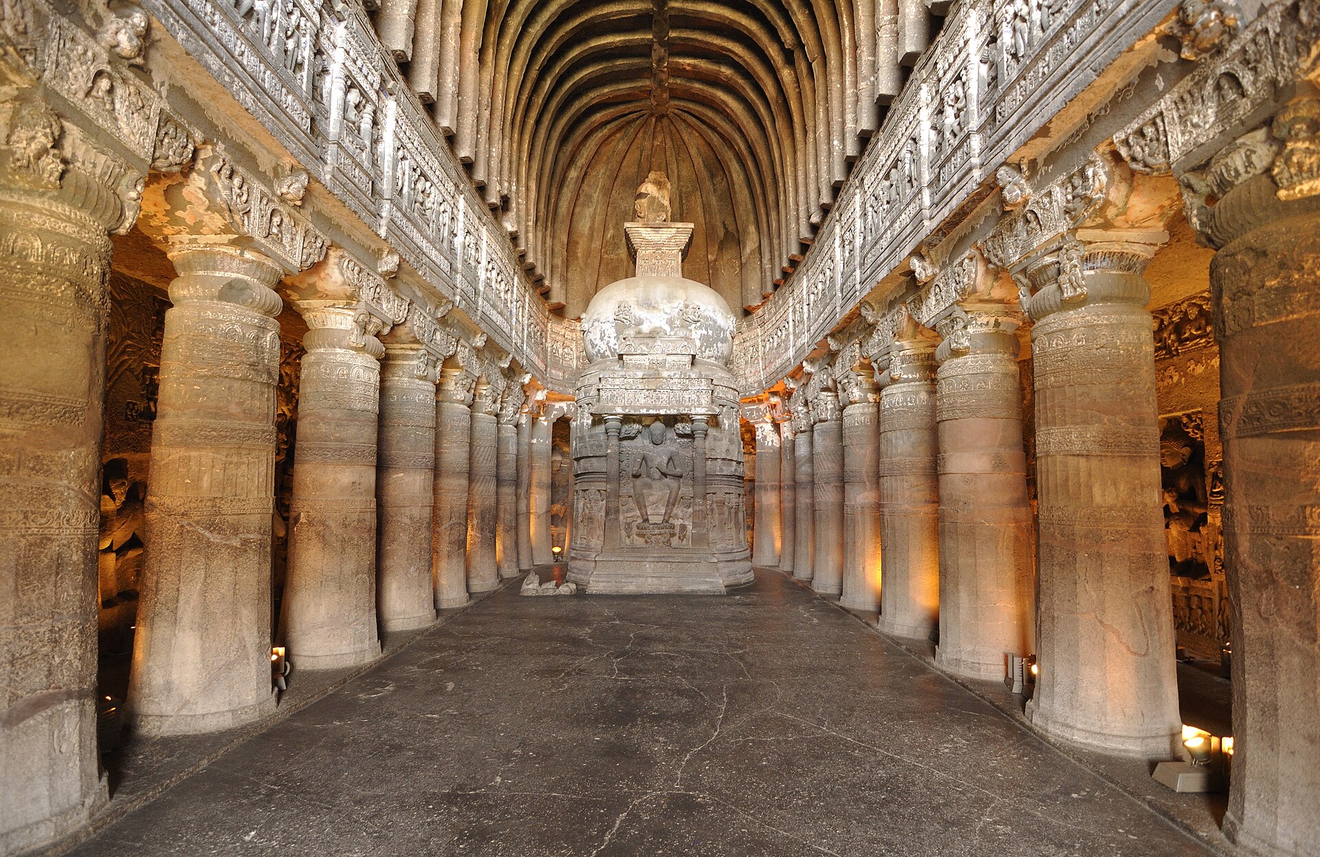 A shrine in the rock-cut Ajanta Caves, carved between roughly the 2nd century BC and the 5th century AD. Their Buddhist murals and sculpture are among the greatest surviving works of ancient Indian art.