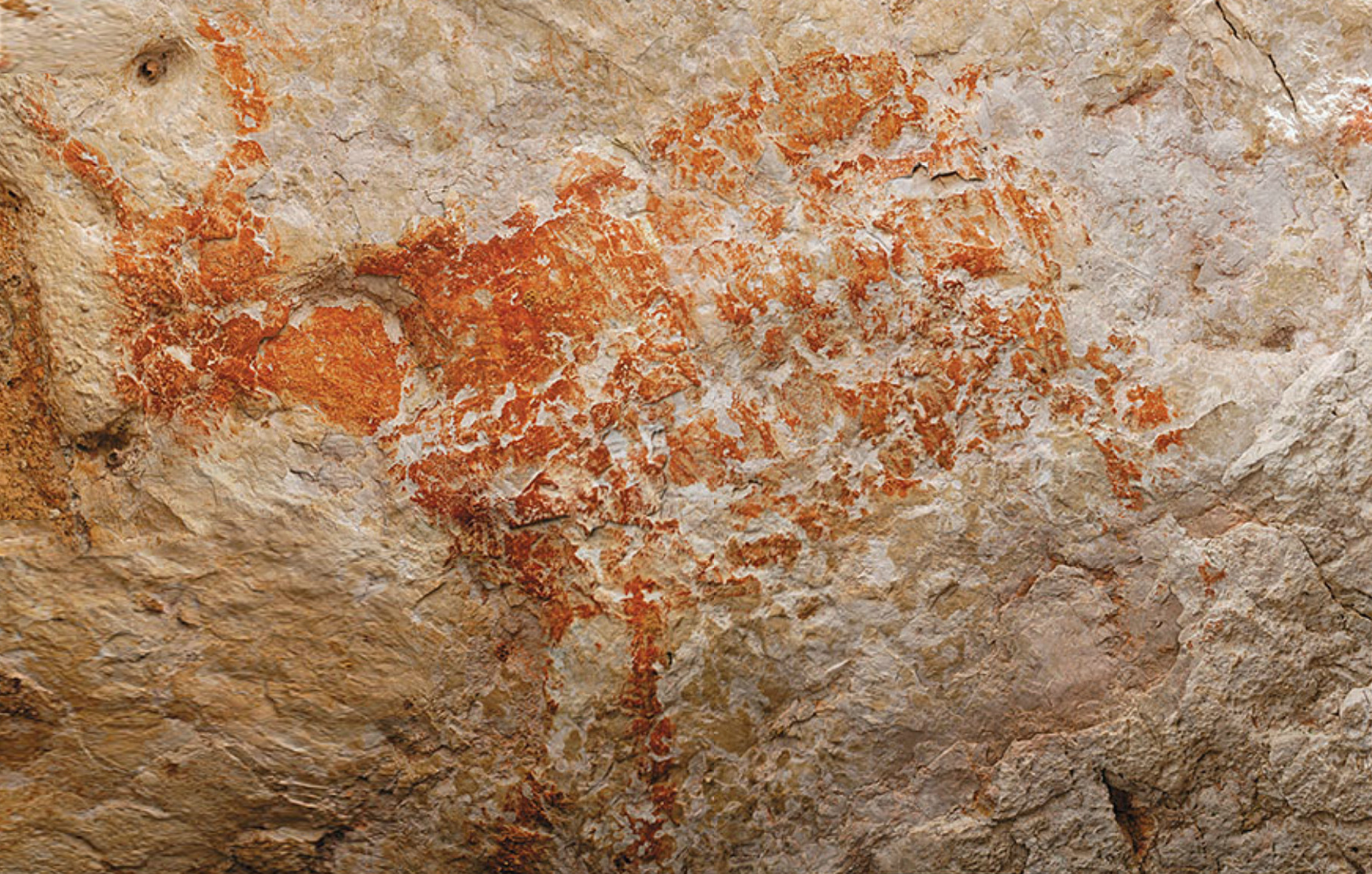 One of the oldest known figurative cave paintings, in Sulawesi, dated to at least 45,000 years ago. It is among the earliest evidence anywhere of humans depicting the world around them.