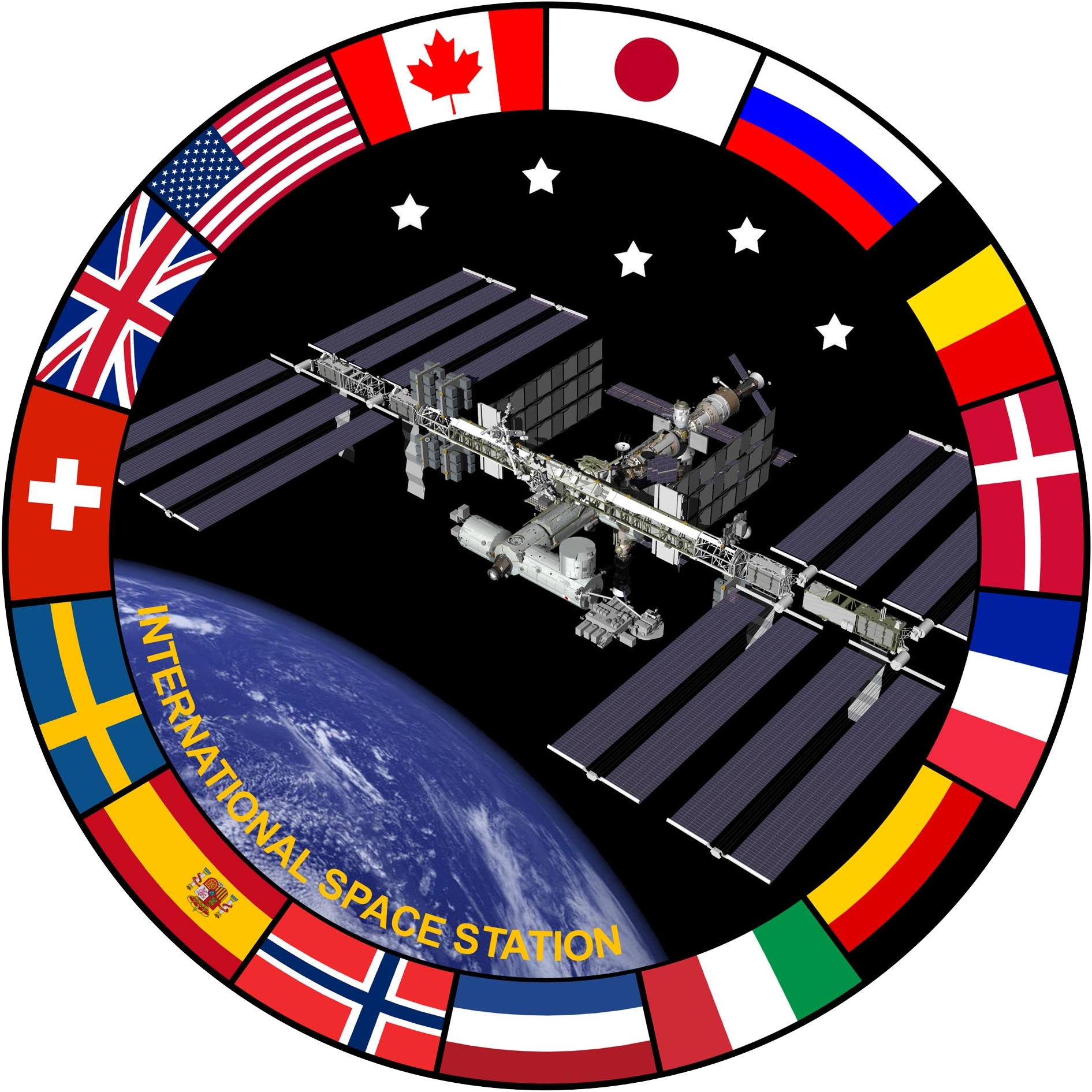 The emblem of the International Space Station, a project shared among five space agencies. Credit: NASA (Public domain).