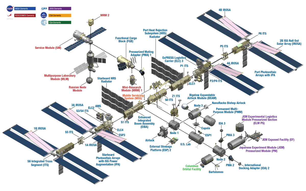 A cutaway diagram of the ISS, showing the many modules and trusses assembled in orbit. Credit: NASA (Public domain).