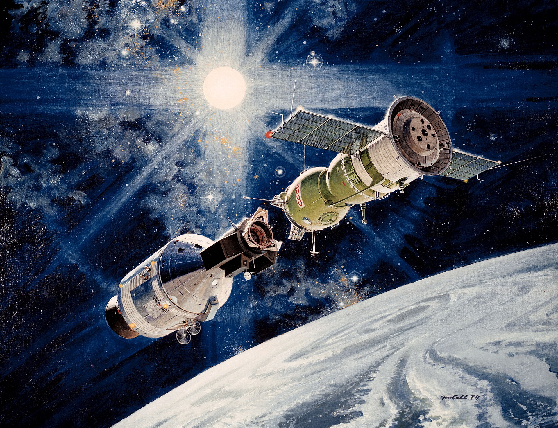 A painting of the Apollo-Soyuz mission, an early milestone in international cooperation in space. Credit: NASA/Robert McCall (Public domain).