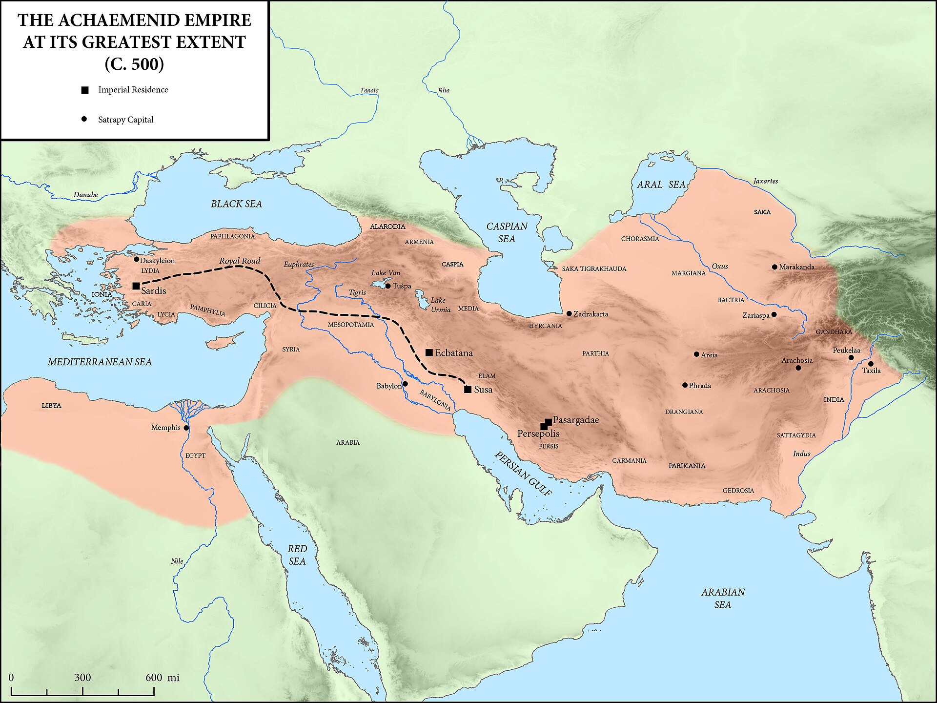 The Achaemenid Empire, the first Persian empire, which under Cyrus the Great became the largest the world had yet seen. Credit: Original creator: Mossmaps Corrections according to Oxford Atlas of World History 2002, The Times Atlas of World History (1989), Philip's Atlas of World History (1999) by पाटलिपुत्र (talk) (CC BY-SA 4.0).
