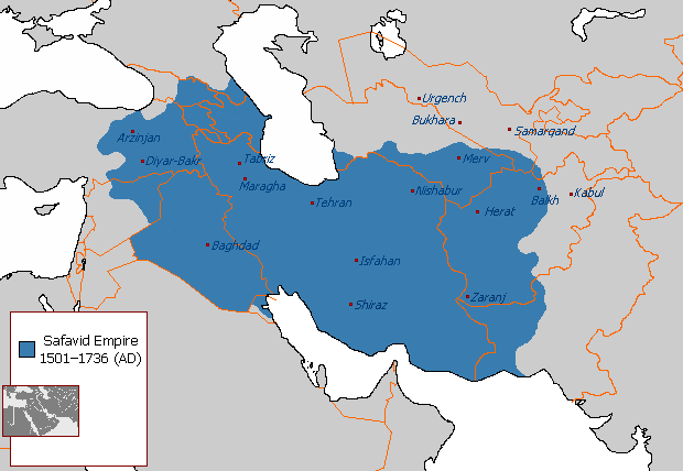 Safavid Iran at its height; the Safavids made Shia Islam the state religion, shaping Iranian identity. Credit: Arab League at English Wikipedia (Public domain).