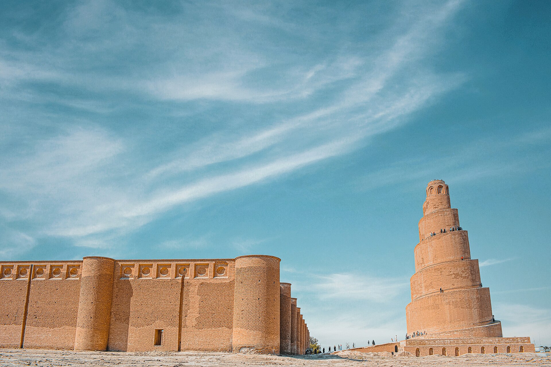 The spiral minaret of the Great Mosque of Samarra, built in the ninth century when the Abbasid caliphs briefly moved their capital north of Baghdad. Its unique ramp winding to the top makes it one of the most famous monuments of early Islamic architecture.
