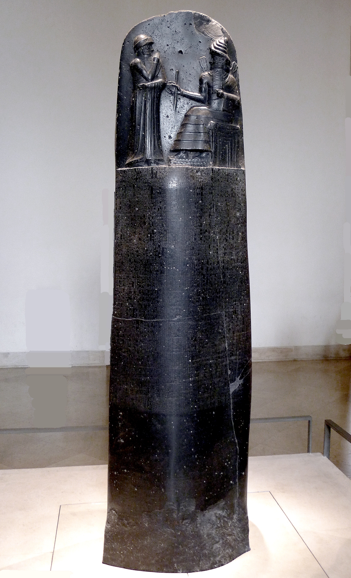 The Code of Hammurabi, carved on a stone pillar around 1750 BC and now in the Louvre. One of the oldest legal codes ever found, its hundreds of laws set out crimes and punishments for the Babylonian kingdom that Hammurabi ruled.