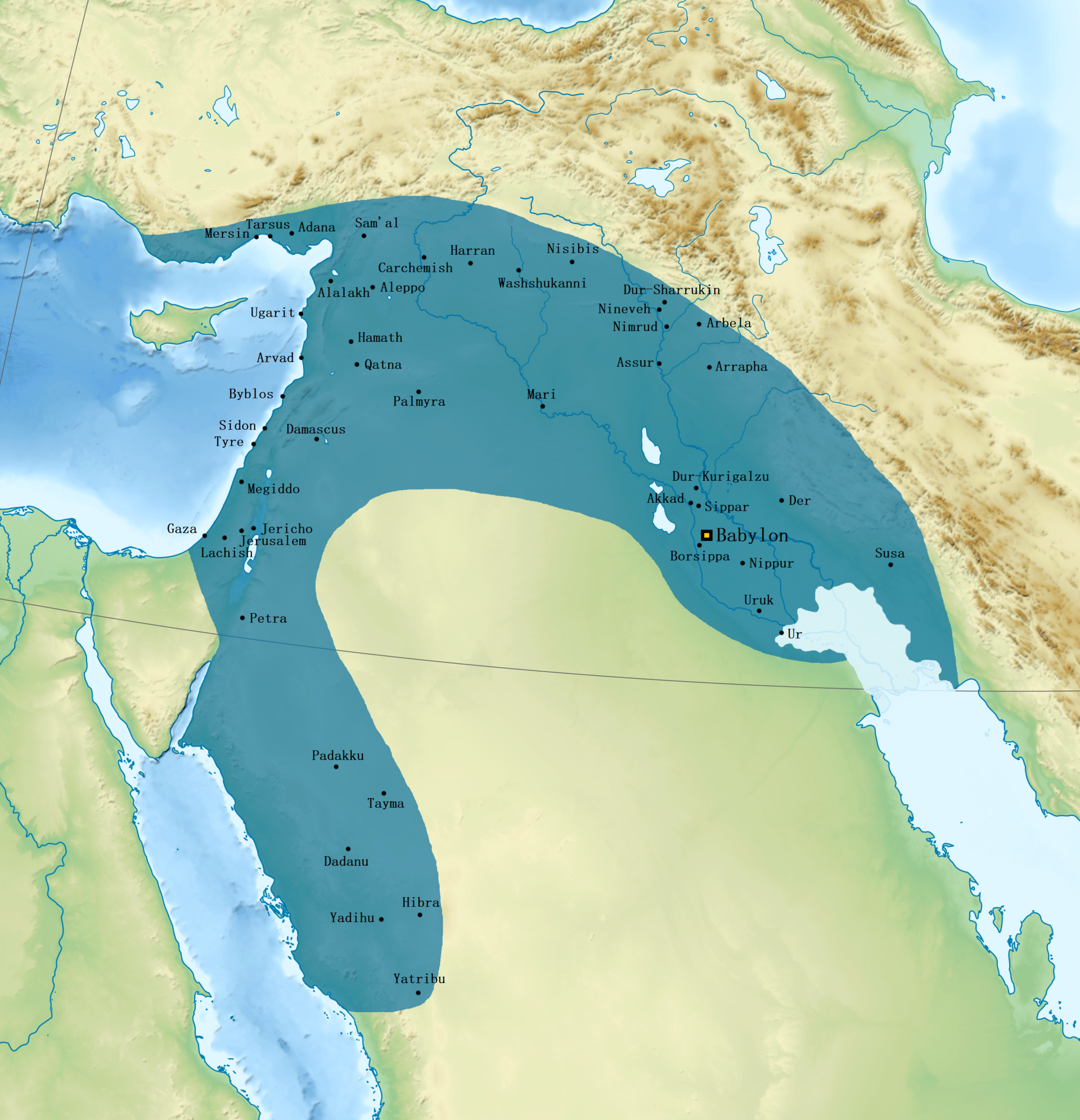 The Neo-Babylonian Empire, heir to the ancient Mesopotamian civilisations that arose between the Tigris and Euphrates. Credit: IchthyovenatorSémhur (base map) (CC BY-SA 4.0).