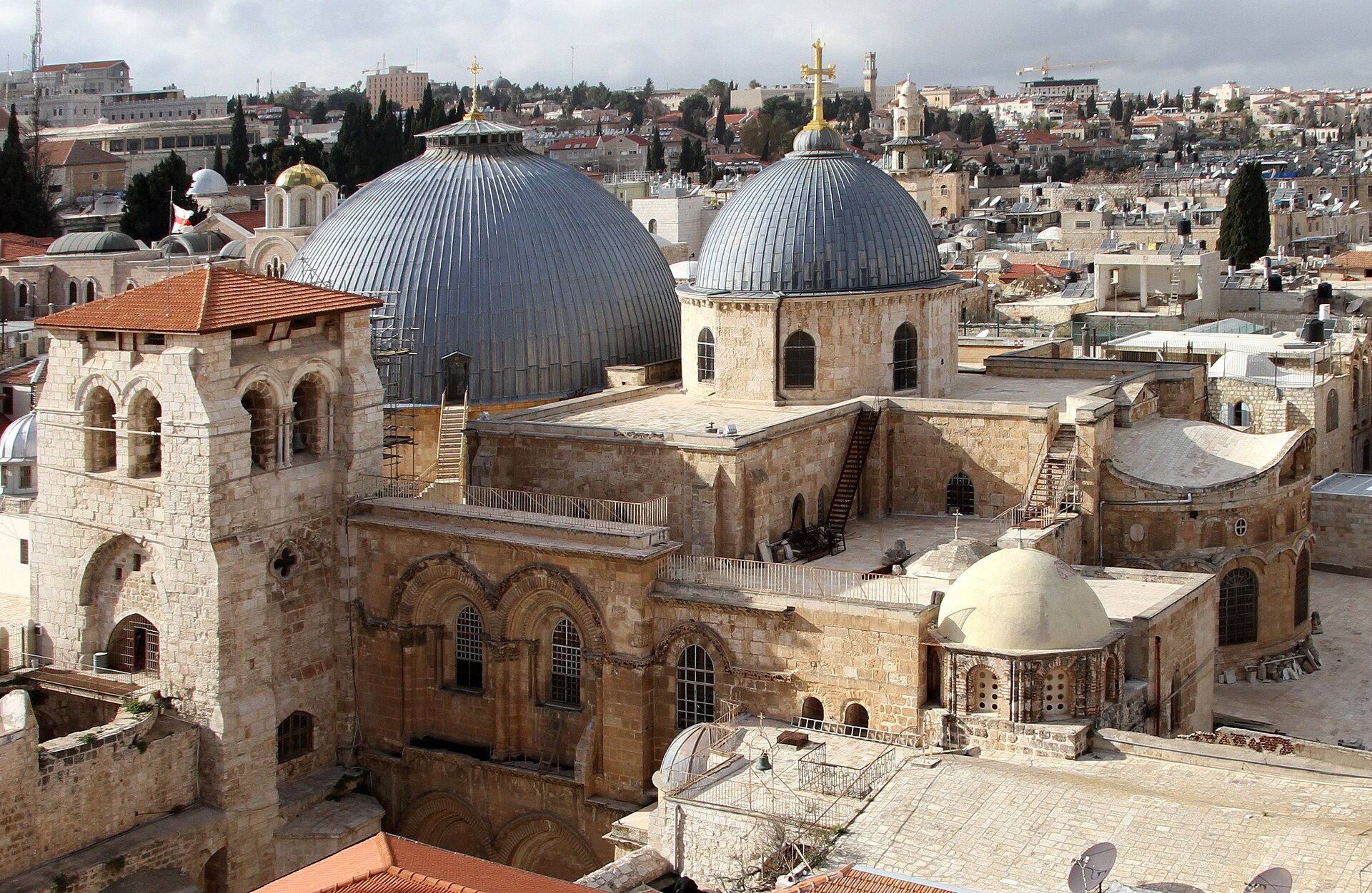 The Church of the Holy Sepulchre in Jerusalem, revered by many Christians as the site of the crucifixion and resurrection of Jesus. Shared among several ancient churches, it is one of the most important pilgrimage sites in Christianity.