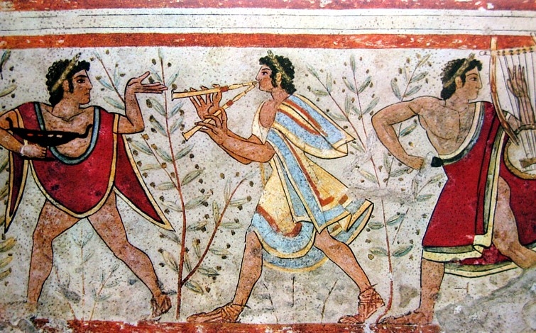 An Etruscan tomb fresco, around the fifth century BC. The Etruscans ruled much of central Italy before Rome and passed on much of their art, religion, and engineering to it.