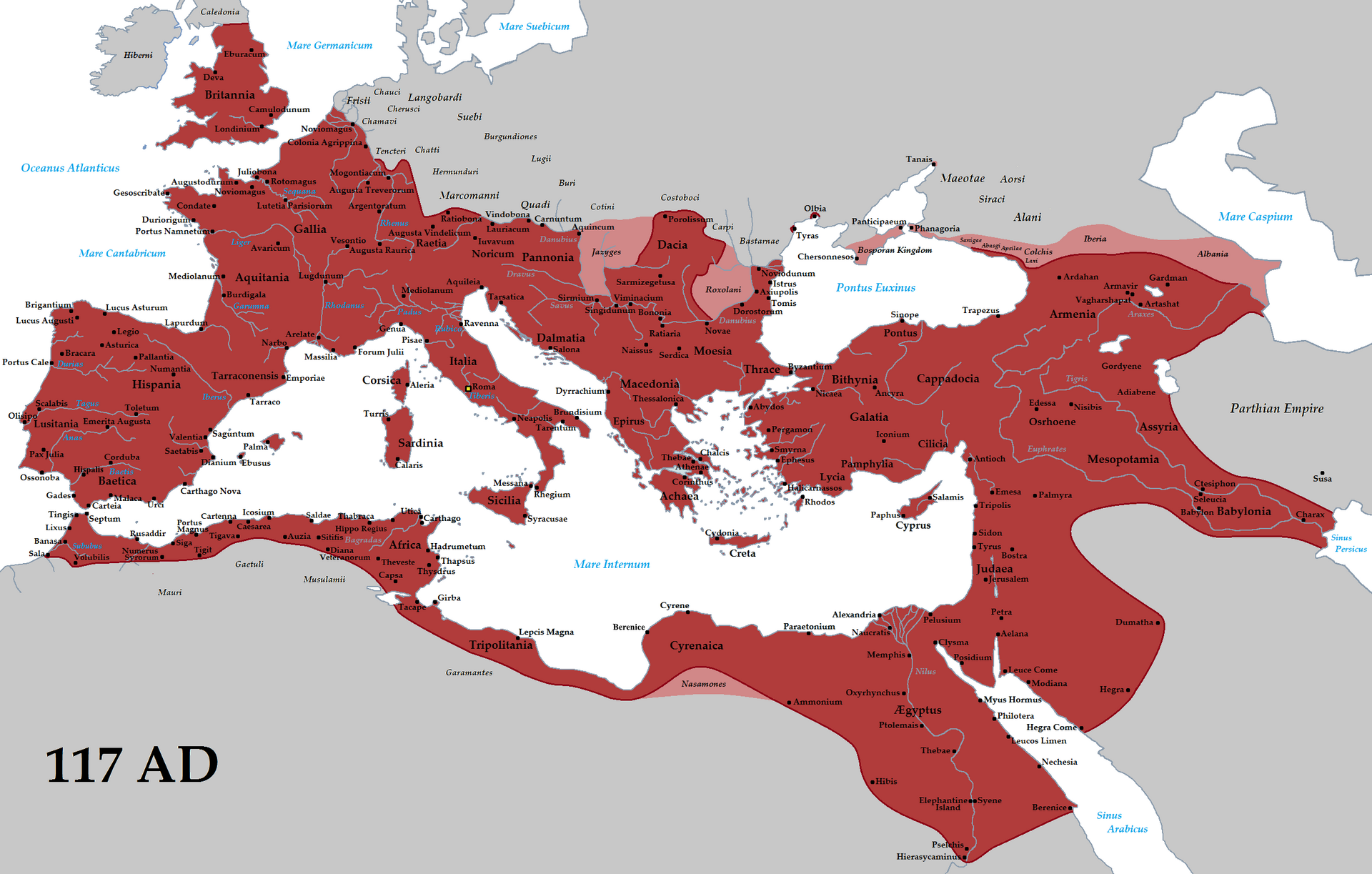 The Roman Empire at its height around 117 AD, ruling the entire Mediterranean world. Credit: Tataryn (CC BY-SA 3.0).