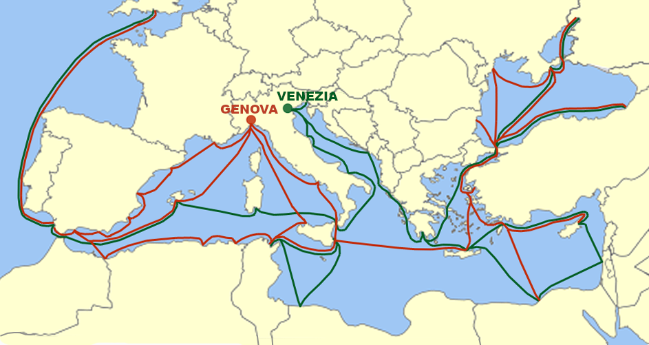 The trade routes of Genoa and Venice. From the medieval period, Italy's maritime republics grew rich linking Europe to the goods of Asia and the East, helping to fund the Renaissance.