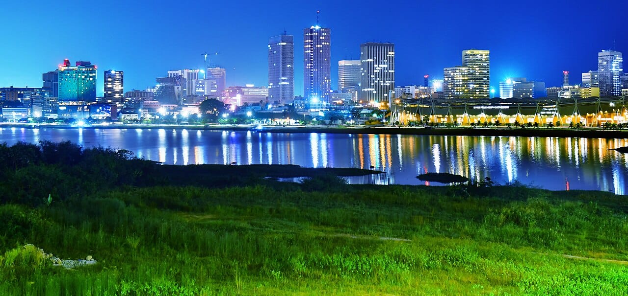 The high-rise district of Le Plateau in Abidjan, the sprawling economic capital and main port of Ivory Coast. One of the great cities of West Africa, Abidjan is the country's commercial heart, though the official capital is the inland town of Yamoussoukro.
