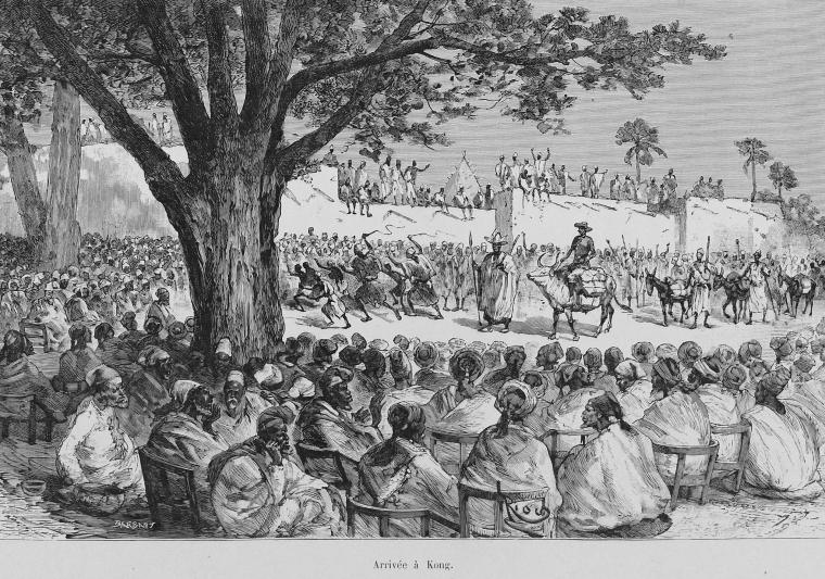 The French explorer Louis-Gustave Binger arriving at Kong in 1892. His expeditions opened the way for France to colonise the interior of what became Ivory Coast, part of the federation of French West Africa.