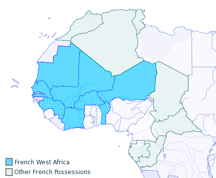 French West Africa around 1913, the colonial federation of which Ivory Coast was part. Credit: T L Miles at English Wikipedia (Public domain).