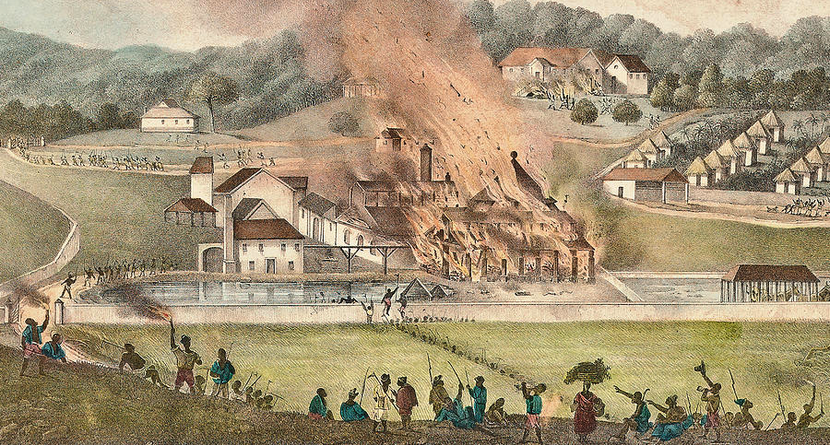 A plantation set alight during the Baptist War of 1831, a major uprising of the enslaved that helped hasten abolition. Credit: Adolphe Duperly (Public domain).
