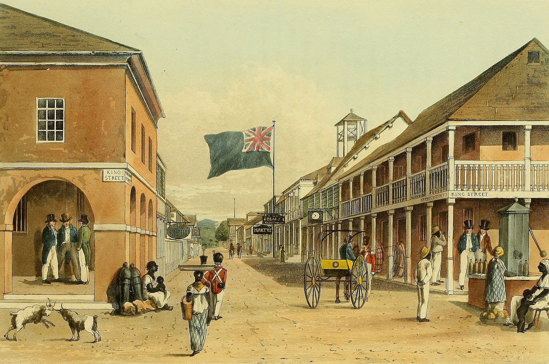 Harbour Street in Kingston around 1820. Founded after the fall of Port Royal, Kingston grew into the colonial capital and the commercial heart of the island it remains today.