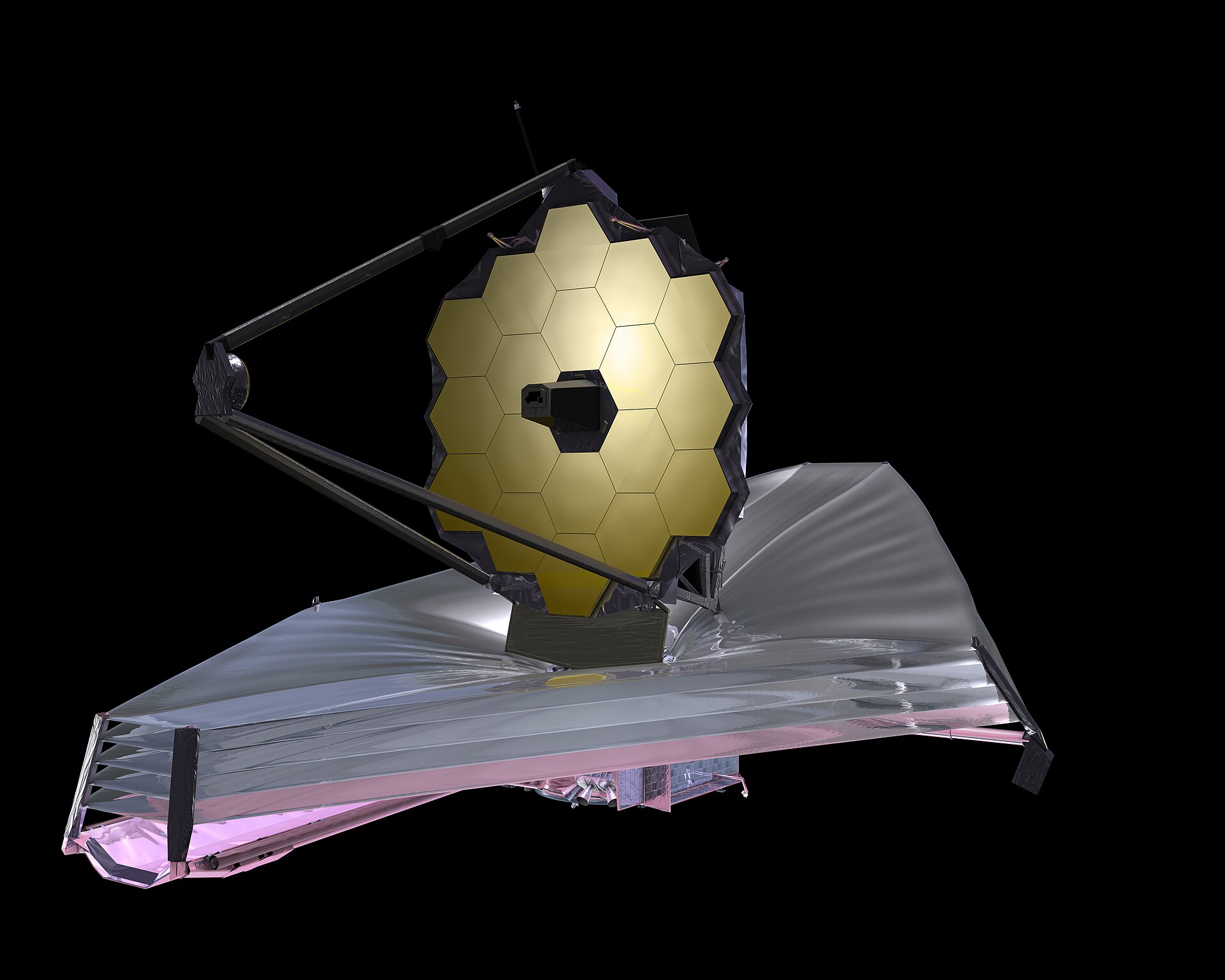 An illustration of the James Webb Space Telescope unfolded in space.