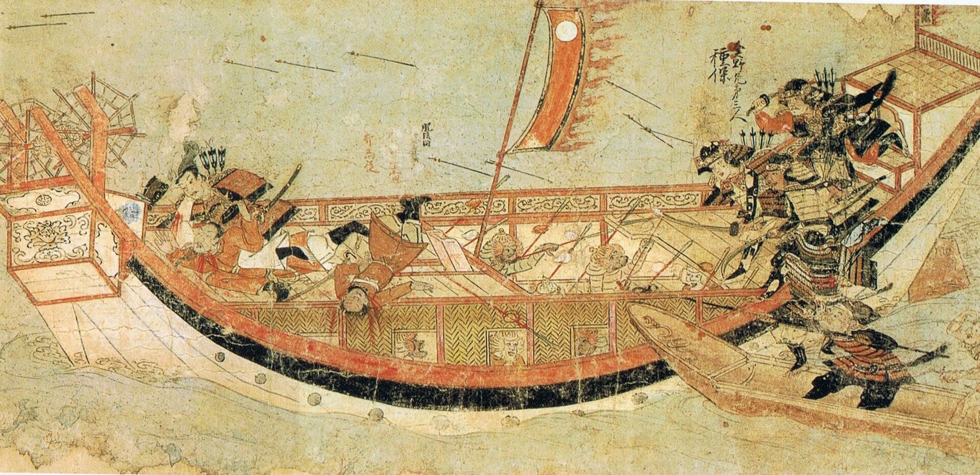 Samurai battling the Mongol invasions of the 1270s and 1280s. Kublai Khan's vast fleets were twice driven back, helped by the typhoons the Japanese called kamikaze, or divine winds, a deliverance that passed into national legend.
