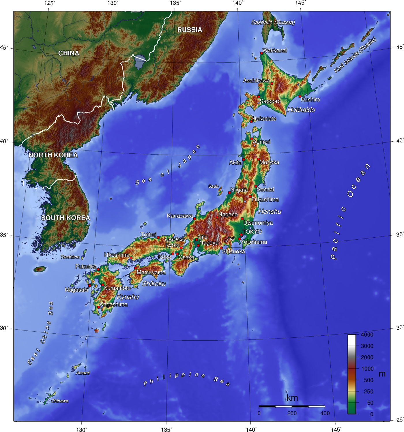 A topographic map of Japan. Mountains and forests cover roughly three-quarters of the archipelago, squeezing its cities and farmland onto the narrow coastal plains along the Pacific edge of Asia.