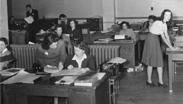 A broadcasting newsroom. Each new medium, from print to radio to television to the internet, changed the pace and the form of news without changing the underlying method.